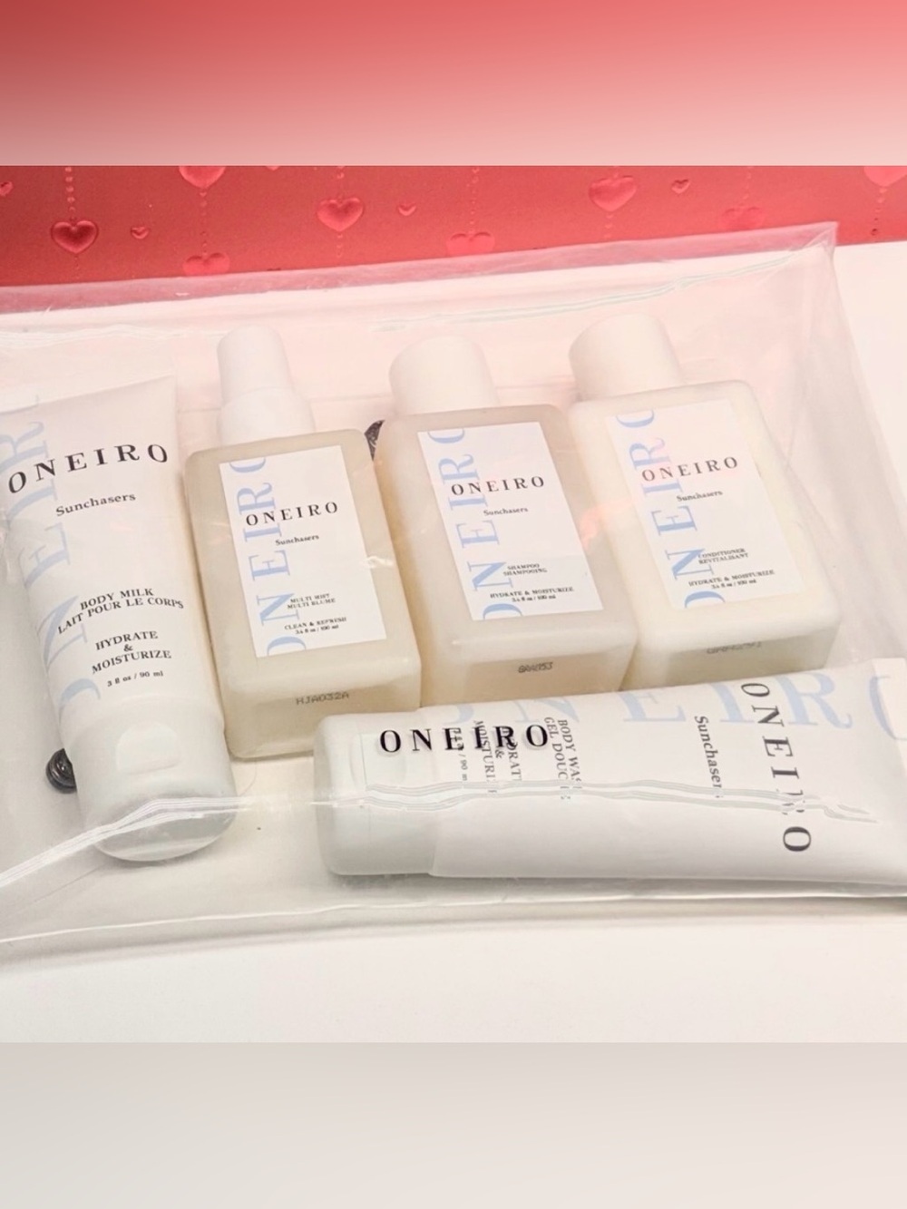 Oneiro Bath and Body 5 Piece Set w/Carry Pouch. TSA Approved. New